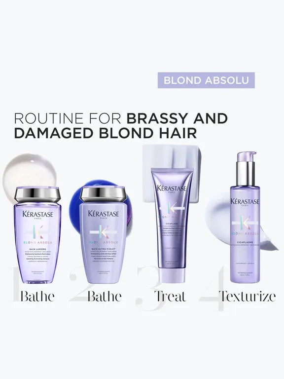 Kérastase hair care products for brassy and damaged blond hair on a white background.
