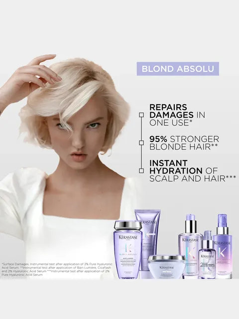 Kerastase Blond Absolu hair care products with a model and text highlighting product benefits.